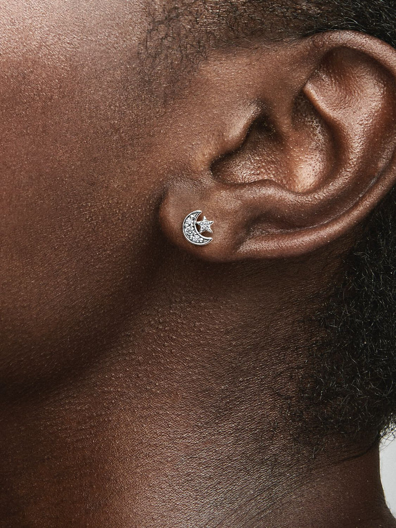 Sparkling Moon & Star Stud Earrings - Sterling silver - 292990C01