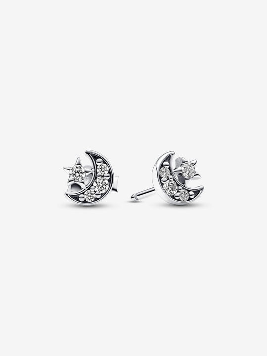 Sparkling Moon & Star Stud Earrings - Sterling silver - 292990C01