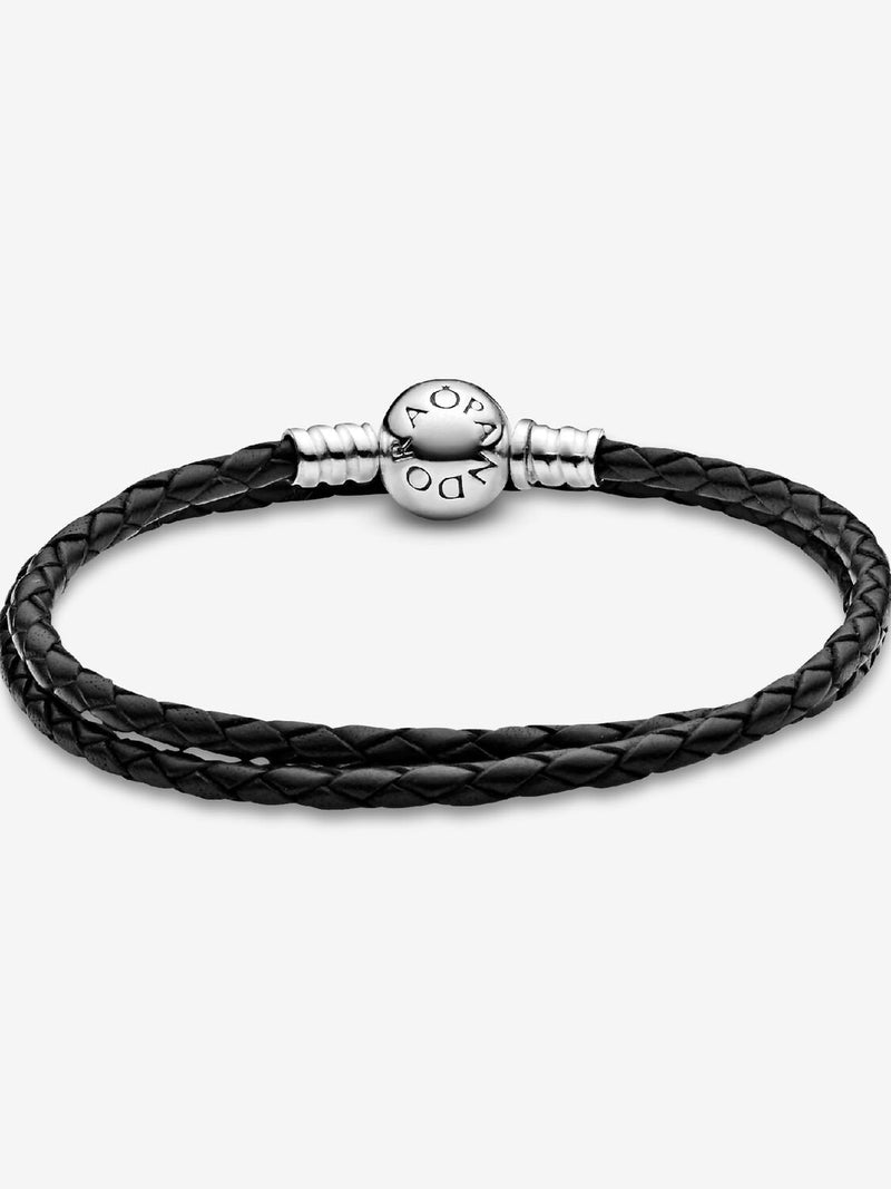Double Black Leather Bracelet - Sterling Silver - 590745CBK