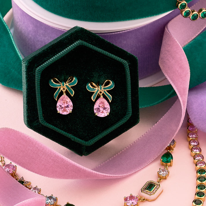 Amelia Bow Stud Earrings, Green & Pink - Gold - AS22TRE32