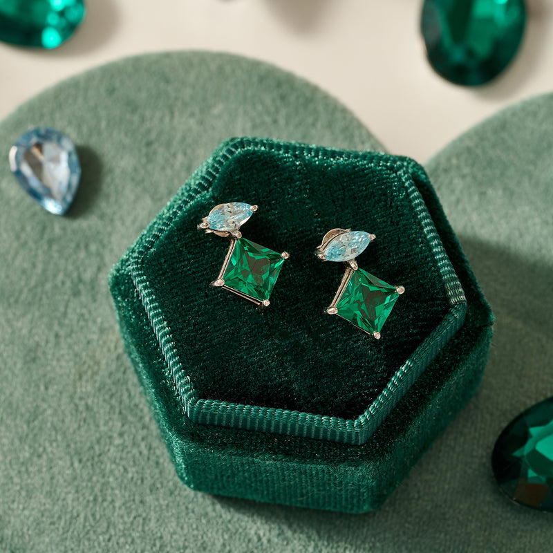 Esme Statement Emerald/Sky Blue Stud Earrings - Silver - AS22TRE10