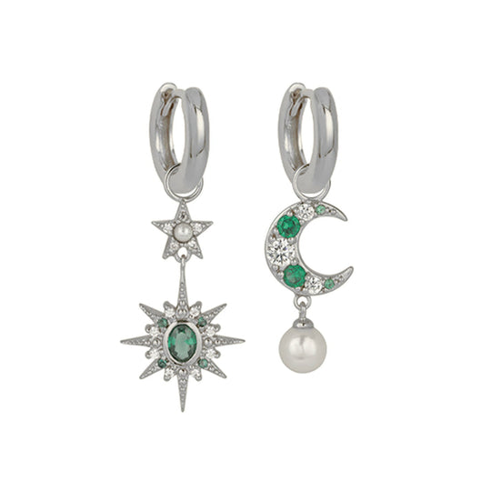 Luna Mismatch Moon/Star Huggie Drop Earrings - Silver - AS22SGE13