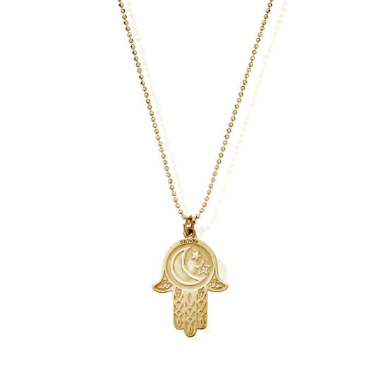 Moon & Star Hamsa Hand Pendant Necklace - Gold - GCDC1618