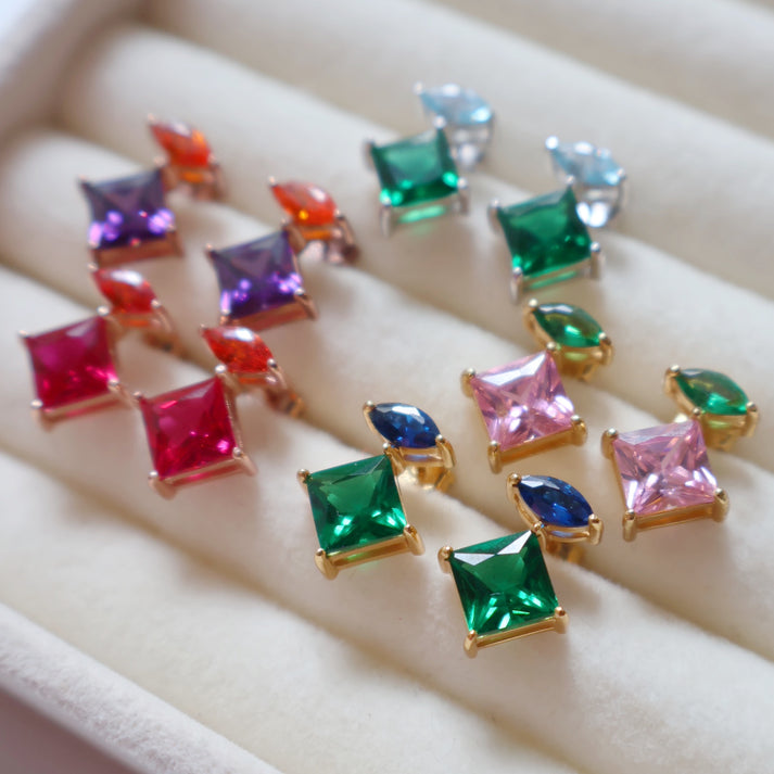 Esme Statement Emerald/Sapphire Stud Earrings - Gold - AS22TRE28