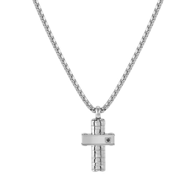 Strong Stainless Steel Cross Necklace with Black Diamond - 028328/036