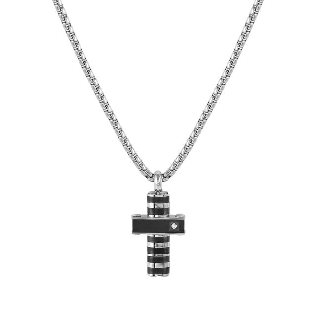Strong Stainless Steel Cross Necklace with White Diamond - 028328/037