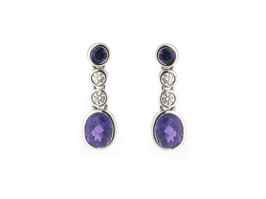 Amethyst & Diamond Drop Earrings - 18ct White Gold - 9013AW