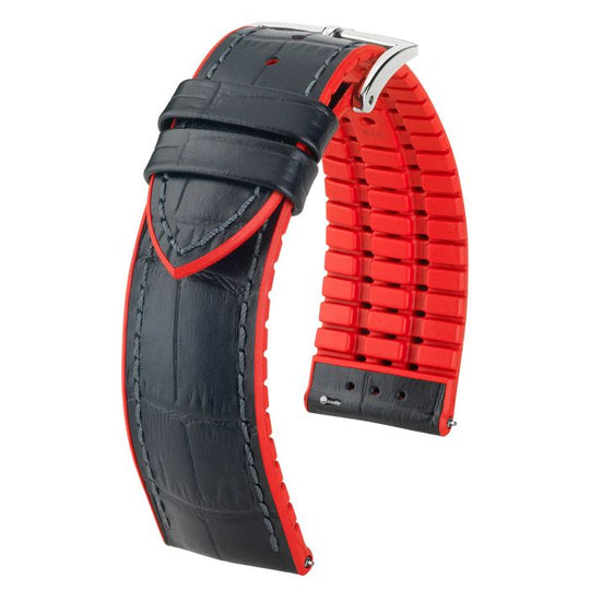 Andy Alligator Embossed Performance Watch Strap NQR, Long, 18mm wide - Black/Red - 0922028050-2-18-SB