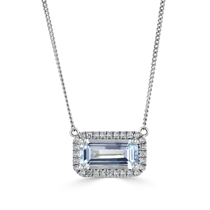 Elongated Aquamarine & Diamond Halo Pendant - White Gold