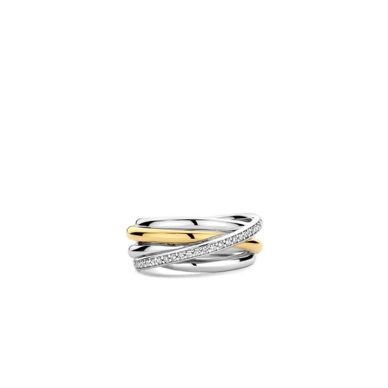 Milano Intertwined Bands Ring With CZ - Silver/Gold - 12318ZY