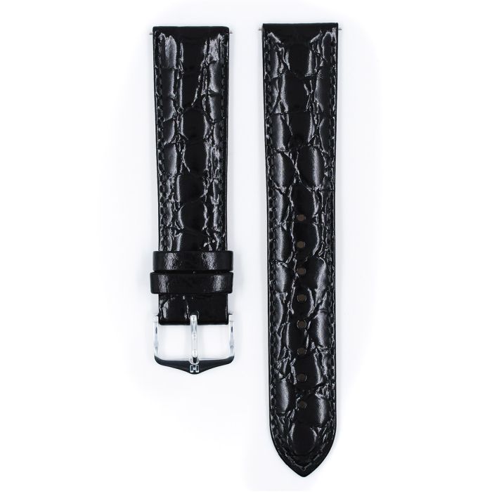 Crocograin Crocodile Embossed Patent Black Watch Strap - Width 19mm, Long - 12302850-08-GB-PAT