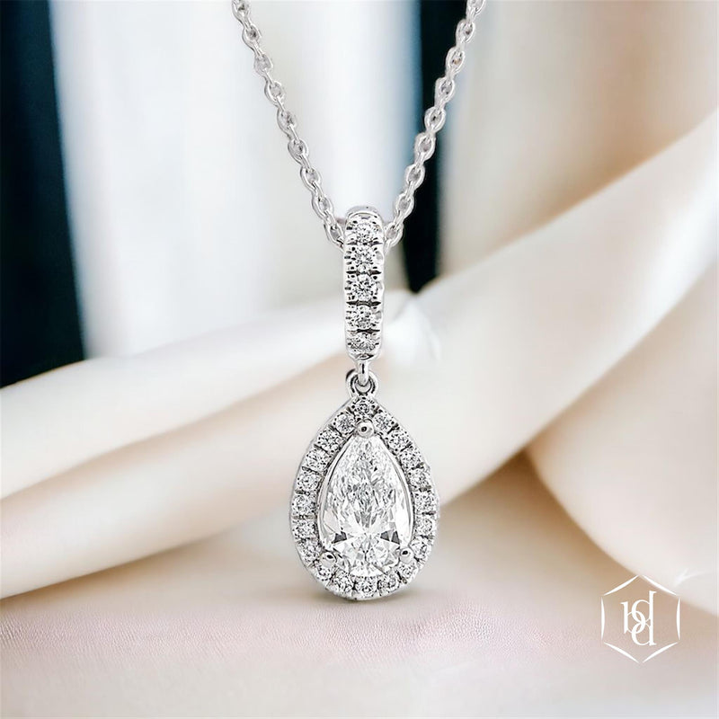 Platinum Pear Shaped Diamond Halo Pendant - 0.89ct