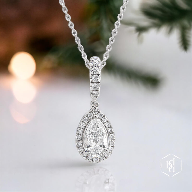 Platinum Pear Shaped Diamond Halo Pendant - 0.89ct