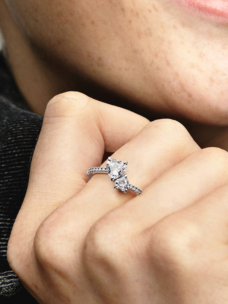 Double Heart Sparkling Ring - Sterling Silver - 191198C01