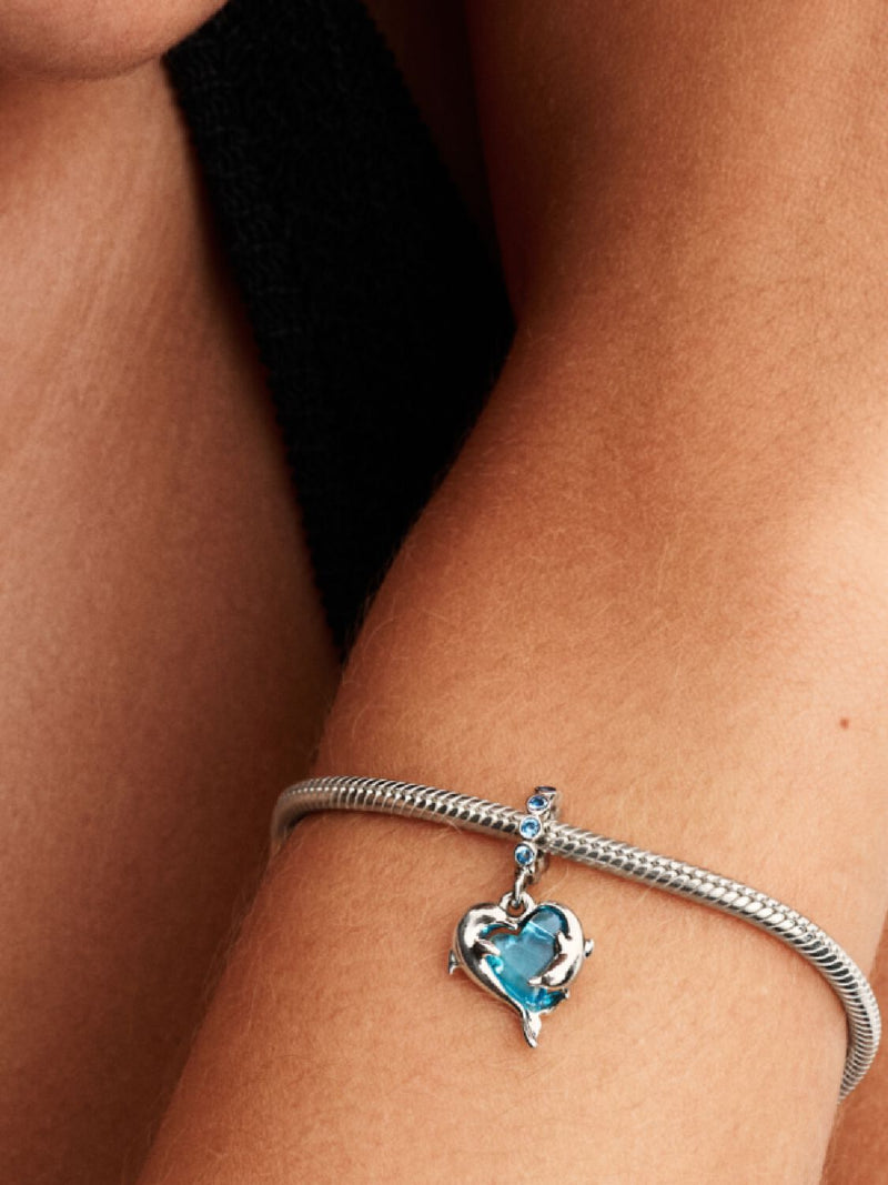 Blue Murano Glass Dolphins Dangle Charm - Sterling Silver - 793924C01