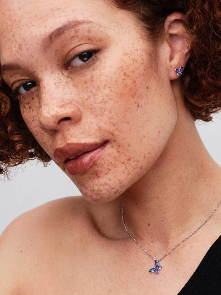 Butterfly Pendant Necklace, Blue - Sterling Silver - 394232C01-45