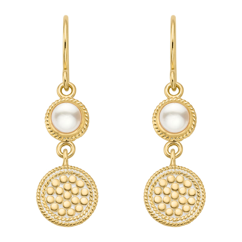 White Pearl Disc Drop Earrings - Gold - 2370GPL