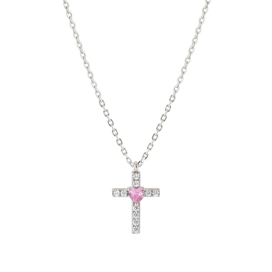 Shine Me Up Cross & CZ Necklace - Silver/Pink - 241902/002