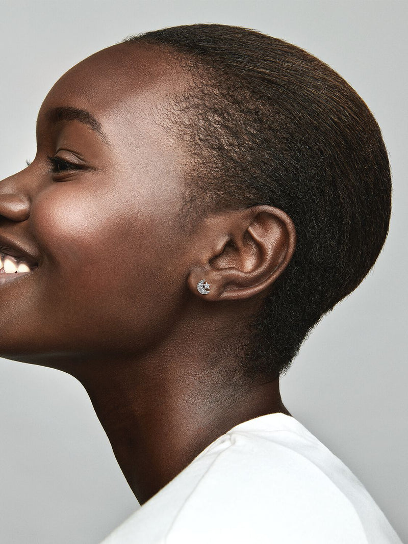 Sparkling Moon & Star Stud Earrings - Sterling silver - 292990C01