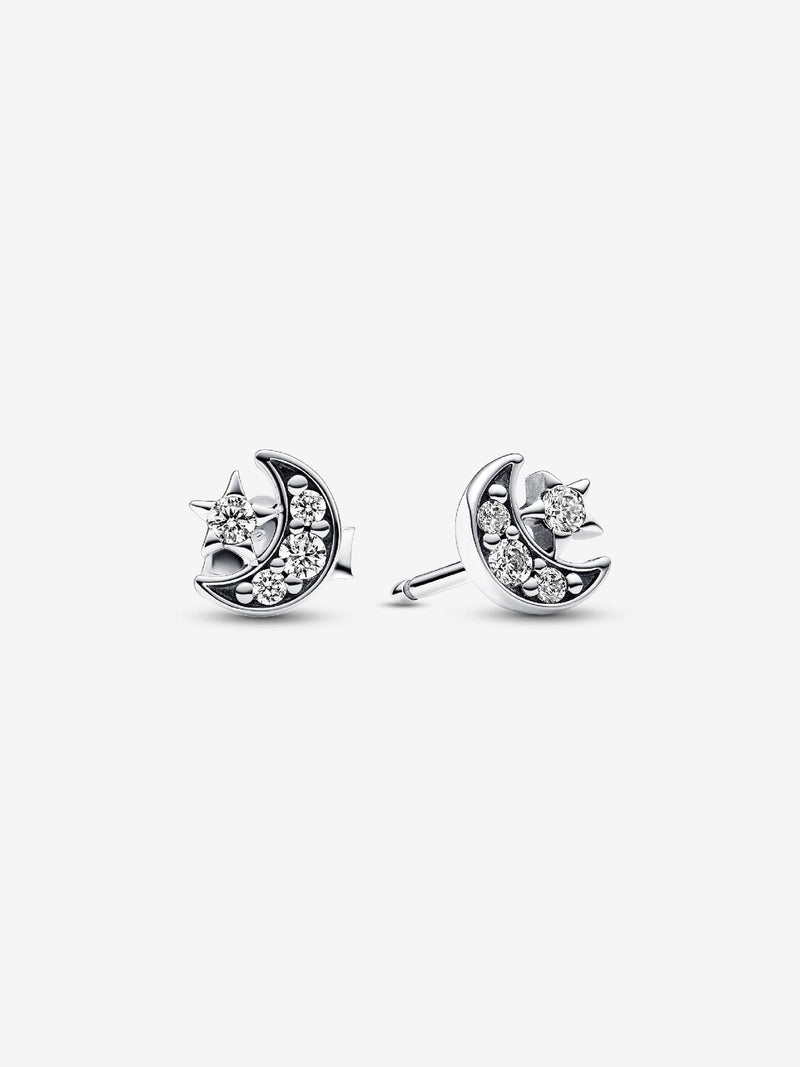 Sparkling Moon & Star Stud Earrings - Sterling silver - 292990C01
