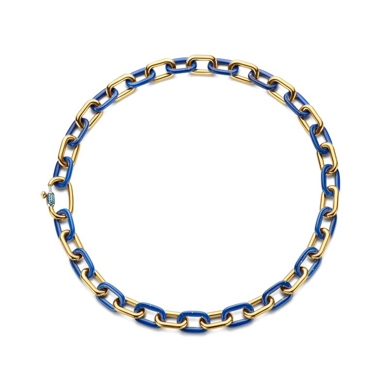 Chunky Lapis Blue Link Necklace - Gold - 34005BL/45