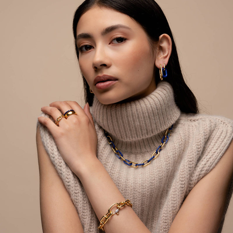 Chunky Lapis Blue Link Necklace - Gold - 34005BL/45