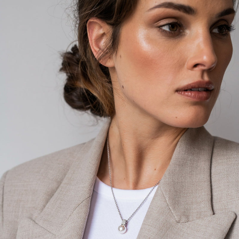 Milano Pearl & CZ Pendant Necklace - Silver - 3877PW/42