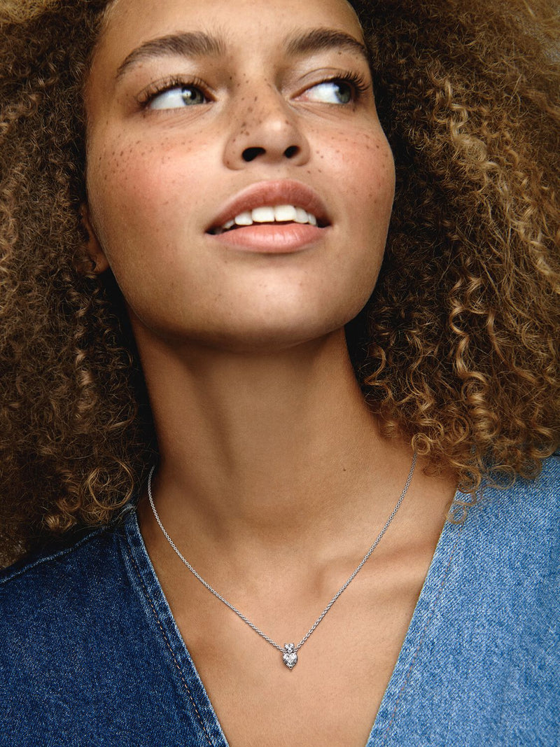 Double Heart Pendant Sparkling Collier Necklace - Sterling Silver - 391229C01-45