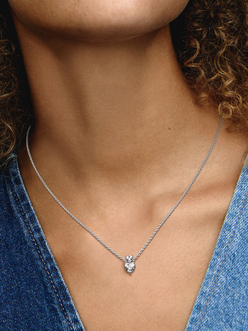 Double Heart Pendant Sparkling Collier Necklace - Sterling Silver - 391229C01-45