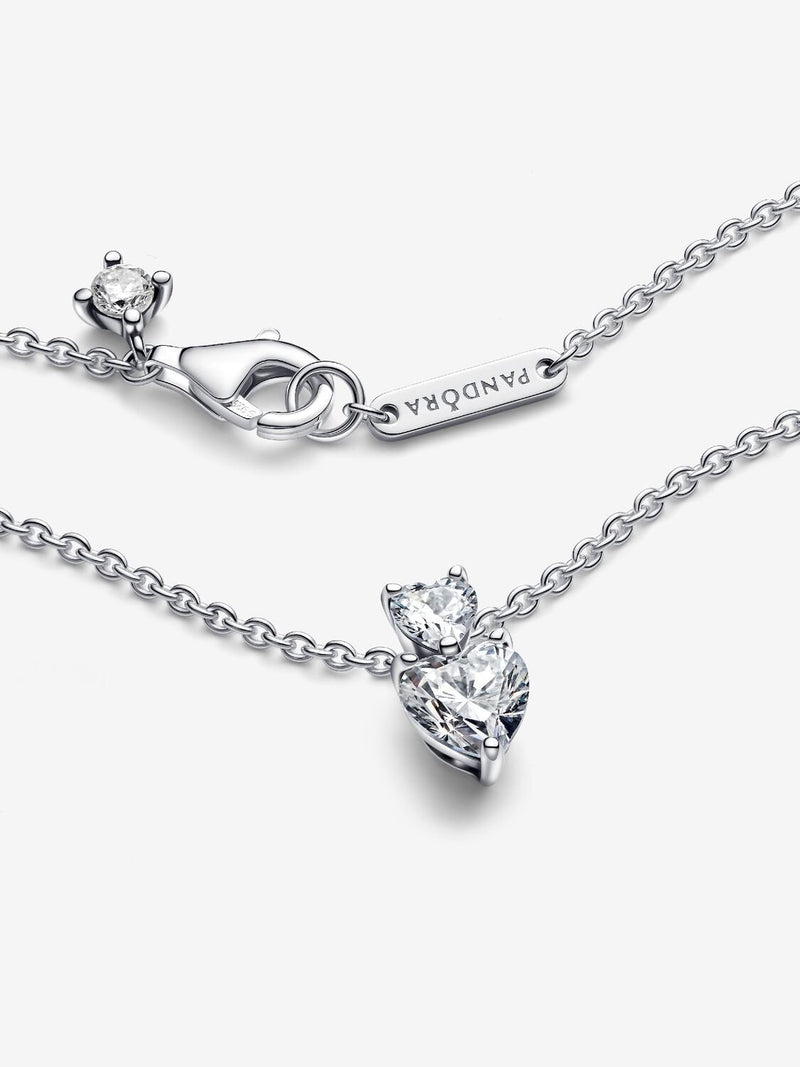 Double Heart Pendant Sparkling Collier Necklace - Sterling Silver - 391229C01-45