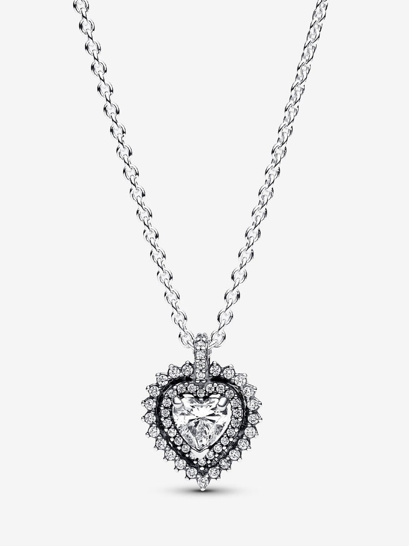Sparkling Heart Halo Pendant Necklace - Sterling Silver - 393099C01-45