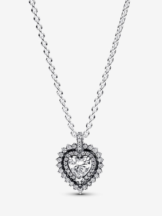Sparkling Heart Halo Pendant Necklace - Sterling Silver - 393099C01-45