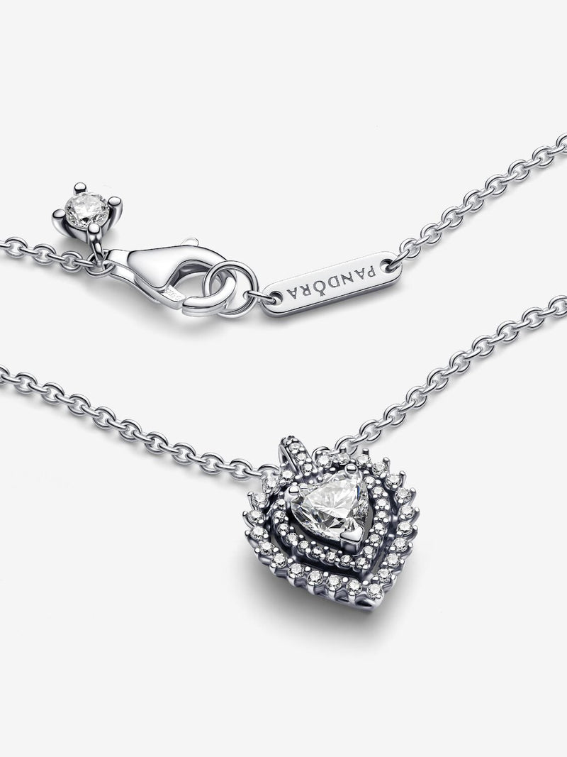 Sparkling Heart Halo Pendant Necklace - Sterling Silver - 393099C01-45
