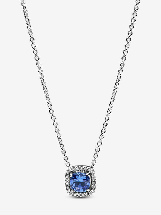 Sparkling Square Blue Halo Pendant Necklace - Sterling Silver - 393560C01-45