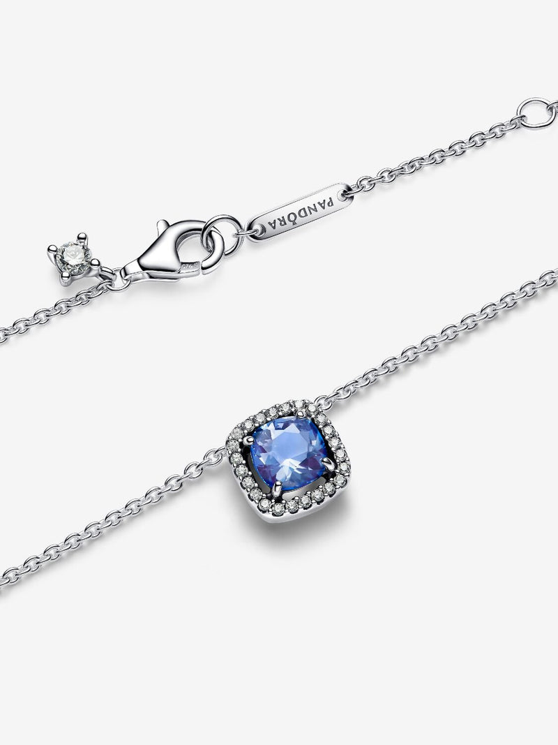 Sparkling Square Blue Halo Pendant Necklace - Sterling Silver - 393560C01-45