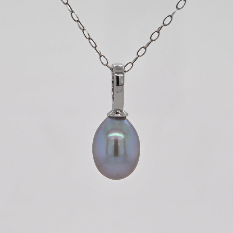 Grey Teardrop Pearl Pendant, 9mm - Silver - PD6SILLGEGTD