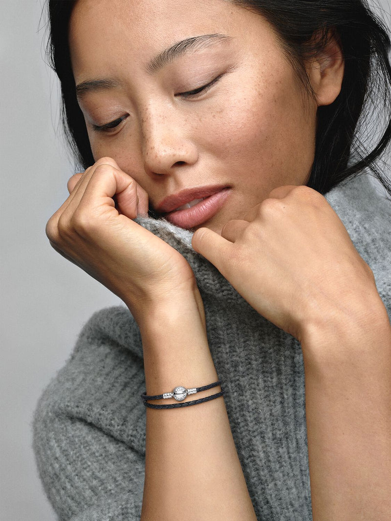 Double Black Leather Bracelet - Sterling Silver - 590745CBK