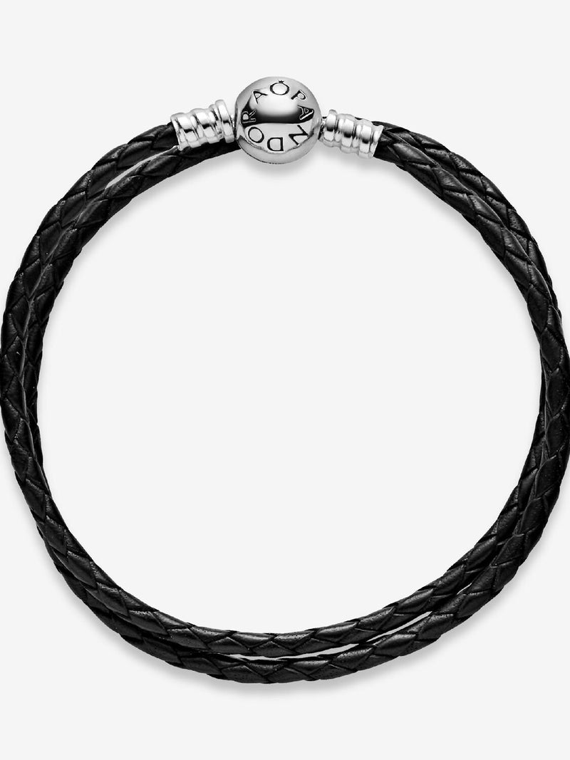 Double Black Leather Bracelet - Sterling Silver - 590745CBK