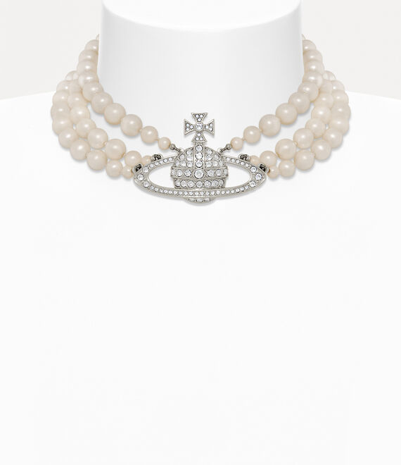 Three Row Pearl Bas Relief Choker - Silver - 63030007-02P127-CN