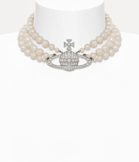 Three Row Pearl Bas Relief Choker - Silver - 63030007-02P127-CN
