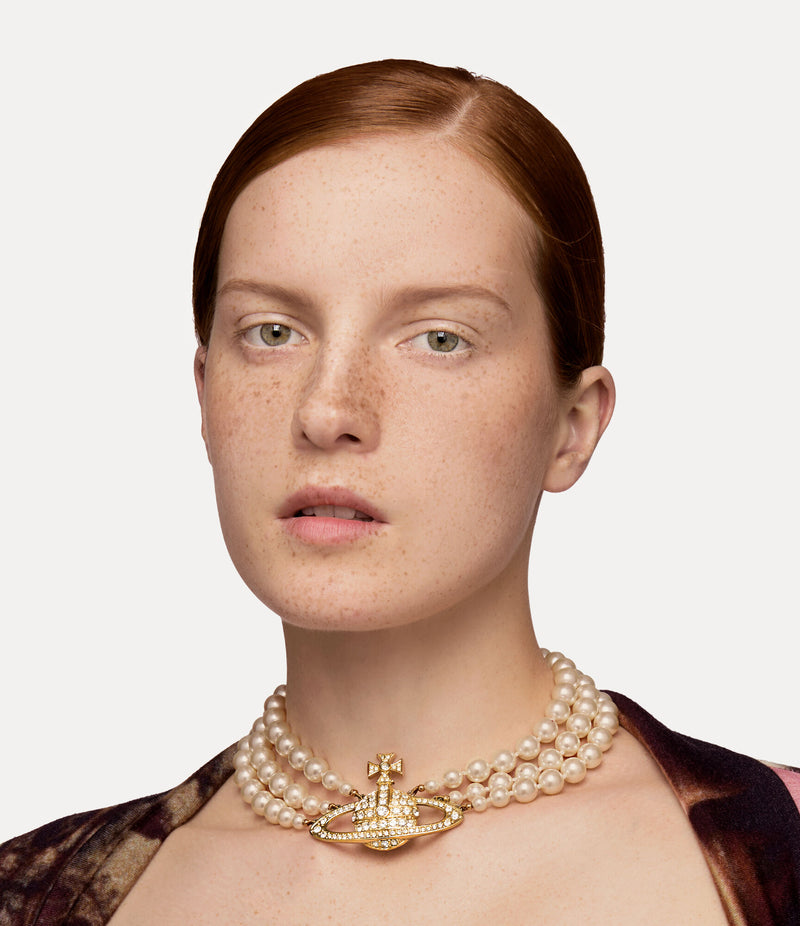 Three Row Pearl Bas Relief Choker - Gold -  63030007-02R117-CN