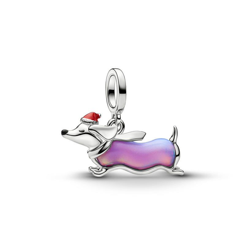 Christmas Dachshund Dangle Charm - Platinum Plated