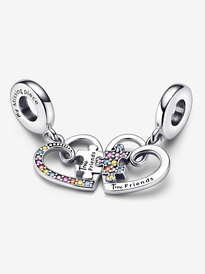 Puzzle Piece Hearts Splittable Friendship Dangle Charm - Sterling Silver - 792239C01