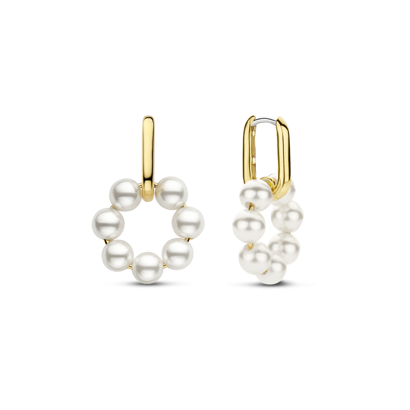 Milano Pearl Circle Drop Oval Huggie Hoop Earrings - Gold - 7936YP