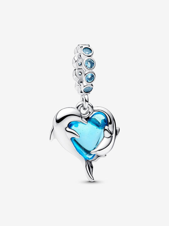 Blue Murano Glass Dolphins Dangle Charm - Sterling Silver - 793924C01