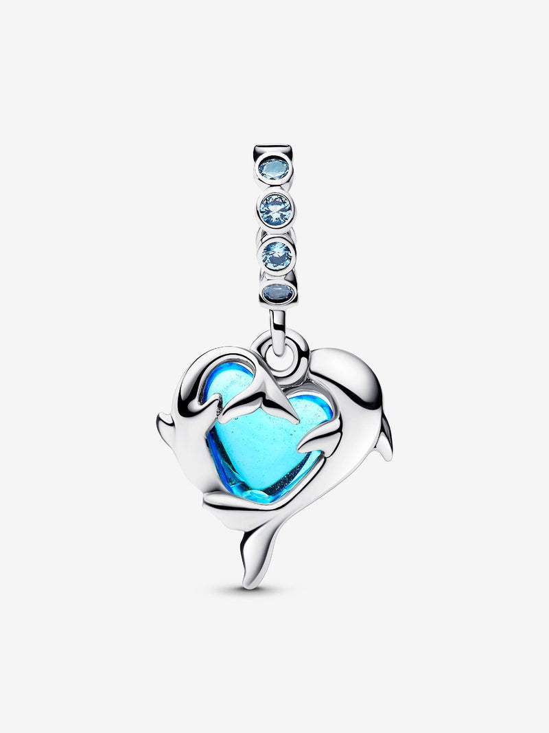 Blue Murano Glass Dolphins Dangle Charm - Sterling Silver - 793924C01