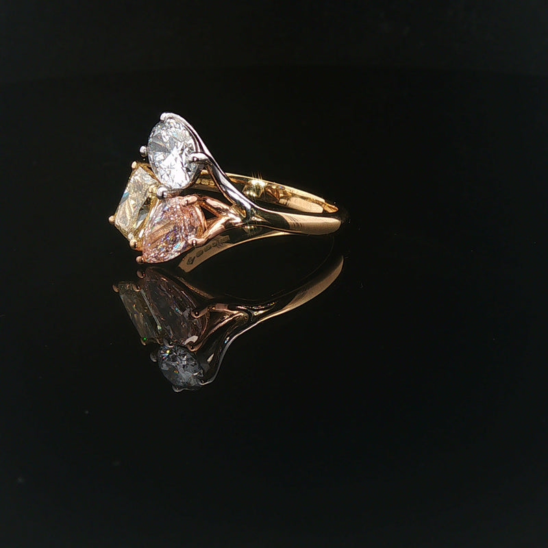 Three Stone Sweeping Toi et Moi Ring, Lab-Grown Diamond - 18ct Yellow Gold, Rose Gold & Platinum, 3.09ct