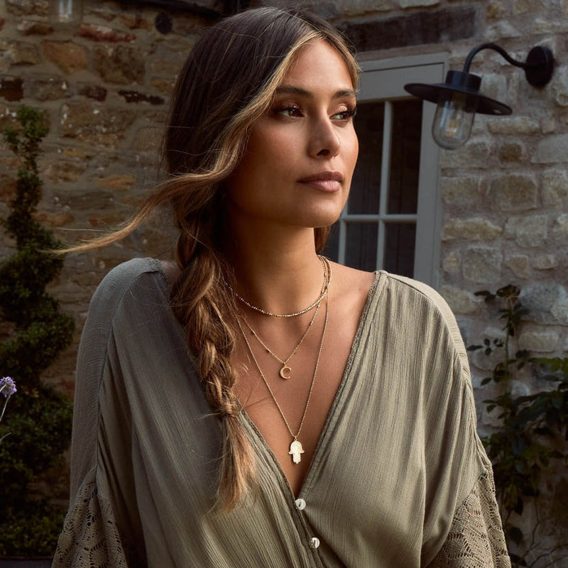 Moon & Star Hamsa Hand Pendant Necklace - Gold - GCDC1618