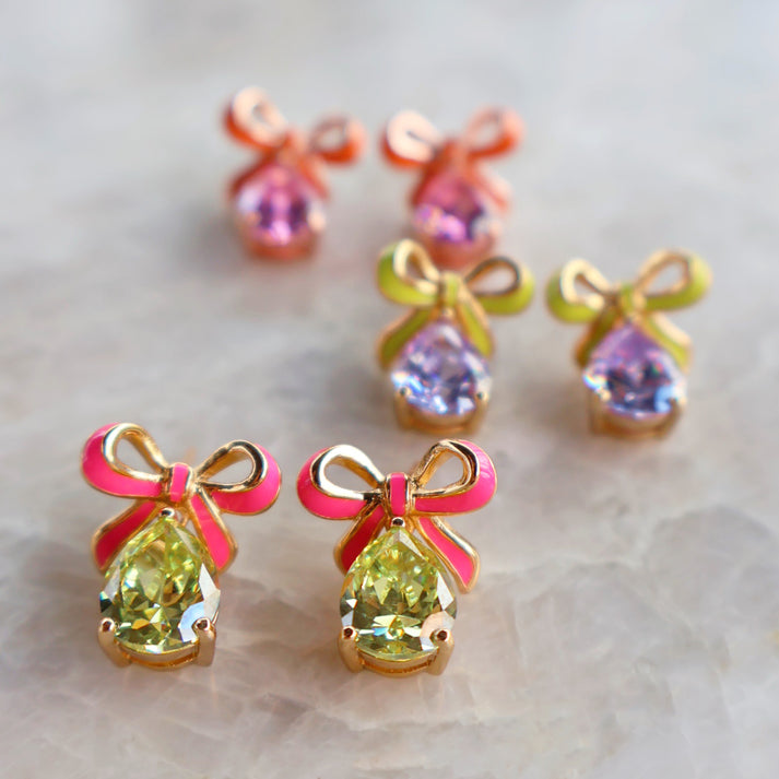 Bow Stud Earrings, Pink & Green - Gold - AS22TRE31