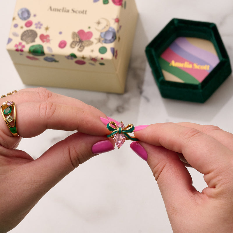 Amelia Bow Ring, Green & Pink - Gold - AS22TRR12